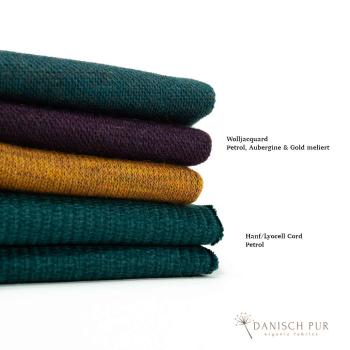 Preview: Bio Woll-Jacquard Blockstreifen Senf Ocean Petrol Aubergine(Merino, kbt, mulesingfrei)